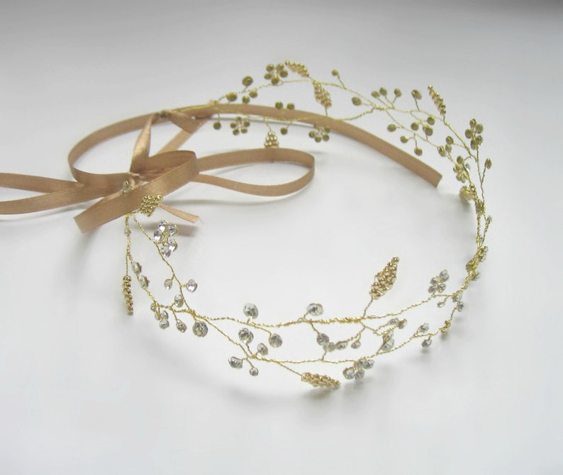 Bridal gold halo Gold hair vine Wedding leaves hair vine Bridal leaf headband Rhinestone wedding golden headress Brass headpiece