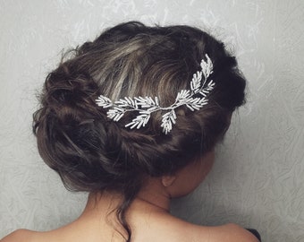 Twigs mariées blanc cheveux vigne, mariage coiffure simple avec brunchs, Boho morceau de cheveux de mariée, coiffure de mariage en argent perlé