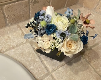 Blue Rose Nosegay, Ranunculus in Black Cube, Artificial Floral Arrangement