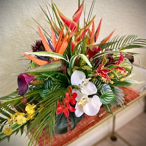 GorgeousHeliconia and Coral Fan.Tropical Centerpiece. Bird of Paradise, Arrangement, Artificial, Faux, Centerpiece, Arrangement. 32x15x17