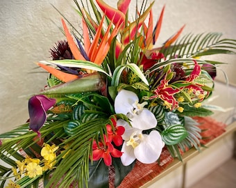 GorgeousHeliconia and Coral Fan.Tropical Centerpiece. Bird of Paradise, Arrangement, Artificial, Faux, Centerpiece, Arrangement. 32x15x17