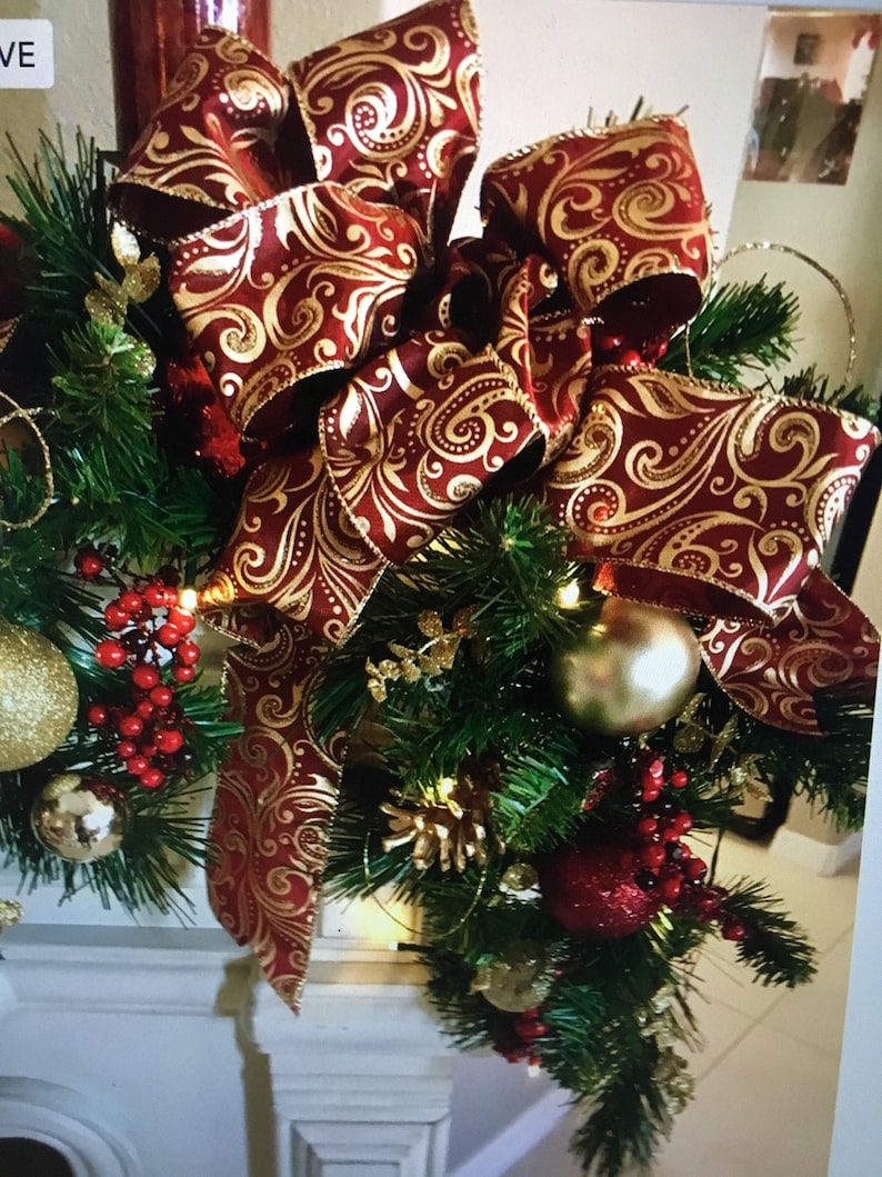 Christmas Garland. Elegant Burgundy Scroll Bow With Gold Etsy