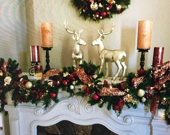 Christmas Garland. Elegant Burgundy Scroll Bow  with gold trimmings/ backing, Cordless, FREE SHIPPING,  48LED light cordless with timer,