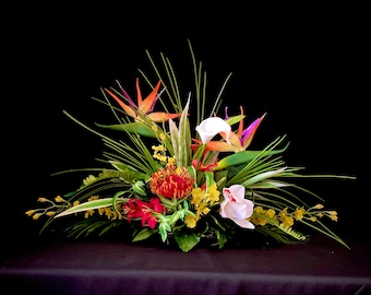 Must Have ! Long and Low 30"w x1 3"h   For Dining Table. Tropical Centerpiece. Bird of Paradise, Arrangement, Artificial, Faux,Silk,