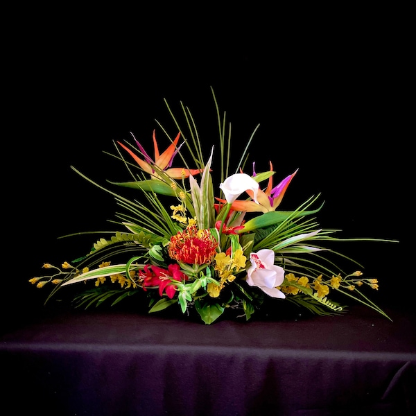 Must Have ! Long and Low 30"w x1 3"h   For Dining Table. Tropical Centerpiece. Bird of Paradise, Arrangement, Artificial, Faux,Silk,