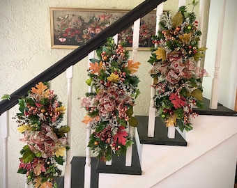 Fall Stair Swag Set, Thanksgiving Decor with Timer Lights