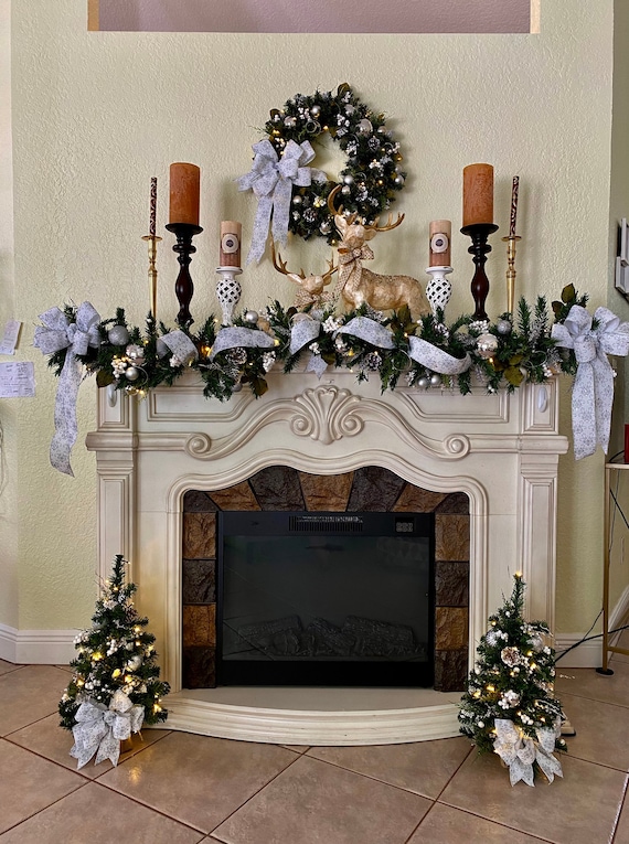 White Christmas Set of 4pc Christmas Garland and 2 Topiaries