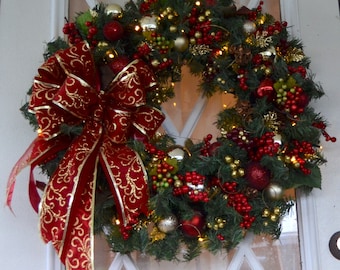 Pre-Lit Red Holiday Wreath with Berries and Bow, Cordless LED Decor