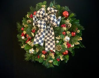 Luxury Holiday Wreath for Door.  Designer  Wide Ribbon Bow.  Artificial Christmas Wreath.   Pre- Lights and Timer. Pre-Decorated.