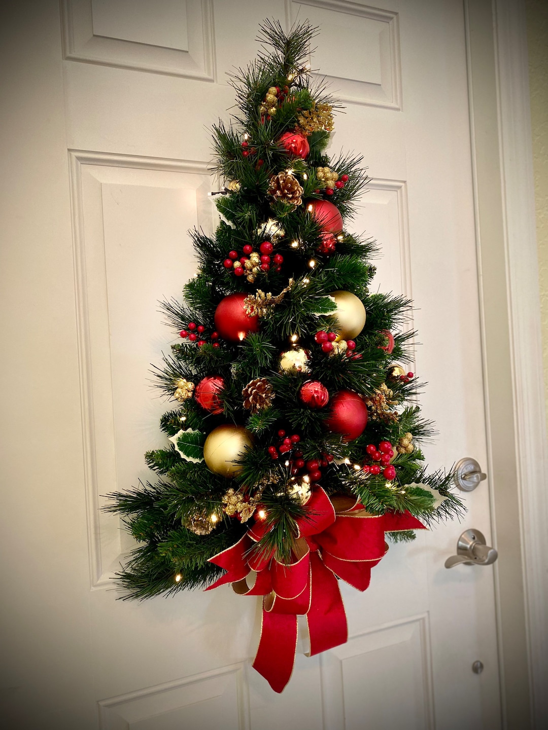 Large Wall Tree, Red Velvet Ribbon Holiday Decor, Christmas Tear Drop