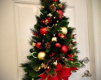 Large Christmas Teardrop Swag, Red Velvet Ribbon, Cordless Lit Wall Tree