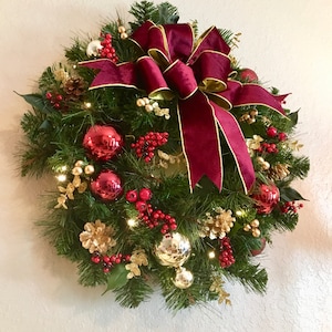 Elegant Burgundy Christmas Wreath, Cordless, LED light,  Timer Option, Battery Operated, Free Shippngs.