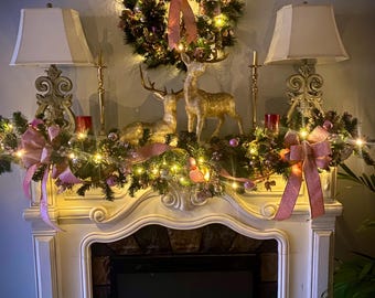 Pink Velvet Christmas Wreath and Garland Set,  Artificial Luxury LED Lighted, Holiday Decor