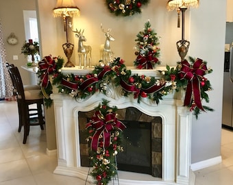 4 PC Set Christmas Wreath, Garland,   Burgundy  Ribbons , FREE SHIPPING, Cordless, Pre-lit, Original,