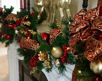 Christmas Garland,  Burgundy and Gold Scroll, FREE SHIPPING,  Artificial, 48 LED light with  Timer,