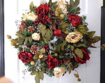 Red Peony Spring Wreath, Pine Cones & Moss Door Decor