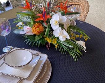Tropical Bird of Paradise Centerpiece, Faux Orchid Coral Fan, 30"