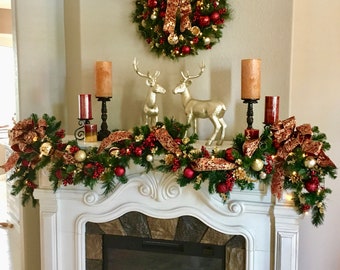 Burgundy Scroll Set of 2 .    Christmas Wreath and Garland. Cordless LED Light with timer,6' or  9' garland & 22" wreath.  Artificial.