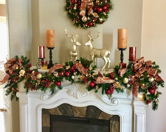 Burgundy Christmas Wreath and Garland Set, LED Lighted, Holiday Decor
