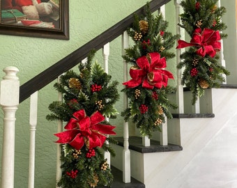 Christmas Stair Swag Set, Pre-Lit Pine, Red Velvet Bows, Set of 3