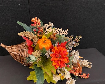 Fall Pumpkin Cornucopia Centerpiece,  Grateful. Artificial Floral Thanksgiving Arrangement