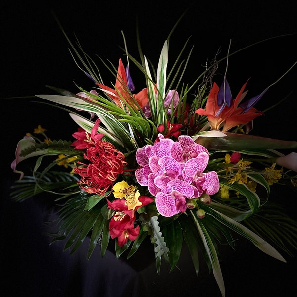 Elegant Fuchsia  Radiant  Orchid Centerpiece,  Bird of Paradise and White Cymbidium, Arrangement, Artificial, 24x13x14h