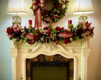 Signature Design, 2pc set .   Stunning  4" Velvet Embroidered Wide Ribbon . 30" Wreath & 5' Garland. Cordless LED with Auto16/8 Timer Light.