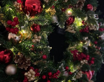 Red Holly Berry Christmas Wreath, 23 Inch, LED Timed Lights