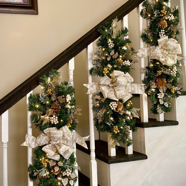 Luxury 3 pc Set Champagne Christmas Swag for Stairs,  Pre Lit with Automatic Timer Free Shipping, White, Vertical Swags.