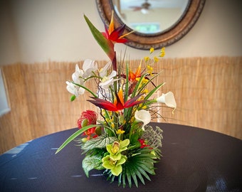 Artificial Tropical Centerpiece, Bird of Paradise, Calla Lily, Orchid Arrangement