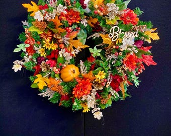 Beautiful Fall Wreath for Front Door,  Thanksgiving Home Decor.  Artificial  Ffloral Arrangement .  Autumn Decoration.