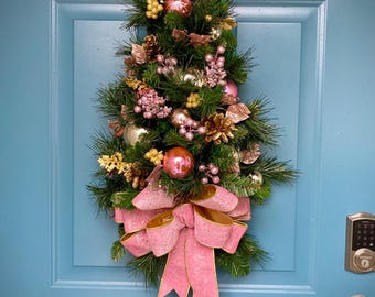 Pink Velvet Christmas Teardrop Swag, Lighted Cordless Artificial Wall Tree, Holiday Door Decor
