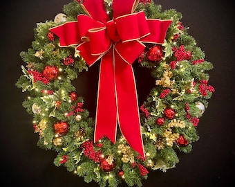 Beautiful 36" Outdoor Red Christmas Wreath,  Artificial  XL  Wreath Battery operated  200 Lighted with  Auto Timer ,  Luxury Wide Ribbon,