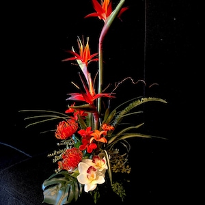 Gorgeous High Elevation  Tropical Arrangement.  Artificial, Bird Of The Paradise, Orchid,  28&quot;x12&quot;  Free Sipping  # High Elevation Bird.