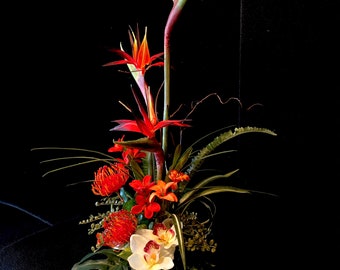 Gorgeous High Elevation  Tropical Arrangement.  Artificial, Bird Of The Paradise, Orchid,  28"x12"  Free Sipping  # High Elevation Bird.