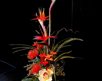 Gorgeous High Elevation  Tropical Arrangement.  Artificial, Bird Of The Paradise, Orchid,  28"x12"  Free Sipping  # High Elevation Bird.