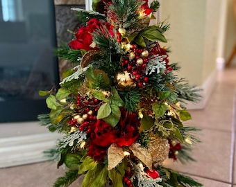 Christmas Decor, Luxury Table Top Topiary. Silk Ruby Red Peonies, FREE SHIPPING Cordless Light with Timer. Pre-lit, Pre-Decorated.