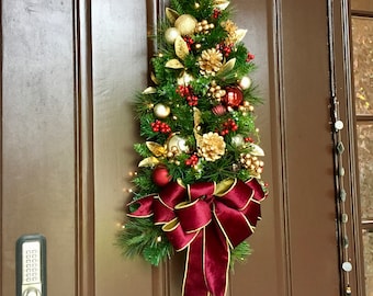 Christmas Tear Drop Swag, Burgundy Velvet Bow, Cordless Lighted Wall Tree