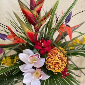 Exotic Heliconia and Bird of paradise. Tropical Centerpiece. Artificial. 27x14&quot;  Great for dining table.