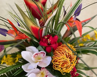 Exotic Heliconia and Bird of paradise. Tropical Centerpiece. Artificial. 27x14"  Great for dining table.