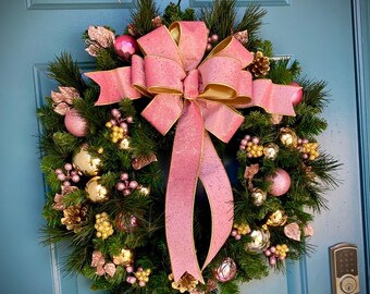 Pink Velvet Christmas Wreath,  Artificial Cordless LED Lights, 25 Inch