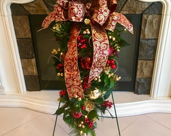 Christmas Burgundy  Tear Drop Swag Cordless,  Pre-Lit, Timer Light, Free shipping, Red, Vertical Swag...