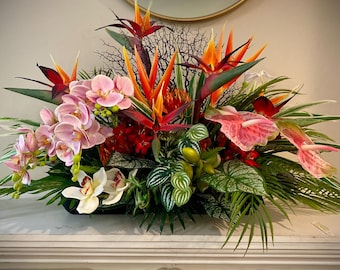 Large  Tropical Centerpiece, Bird of Paradise & Orchid Arrangement, Artificial Floral Arrangement  Mantle Decor 34x15x18
