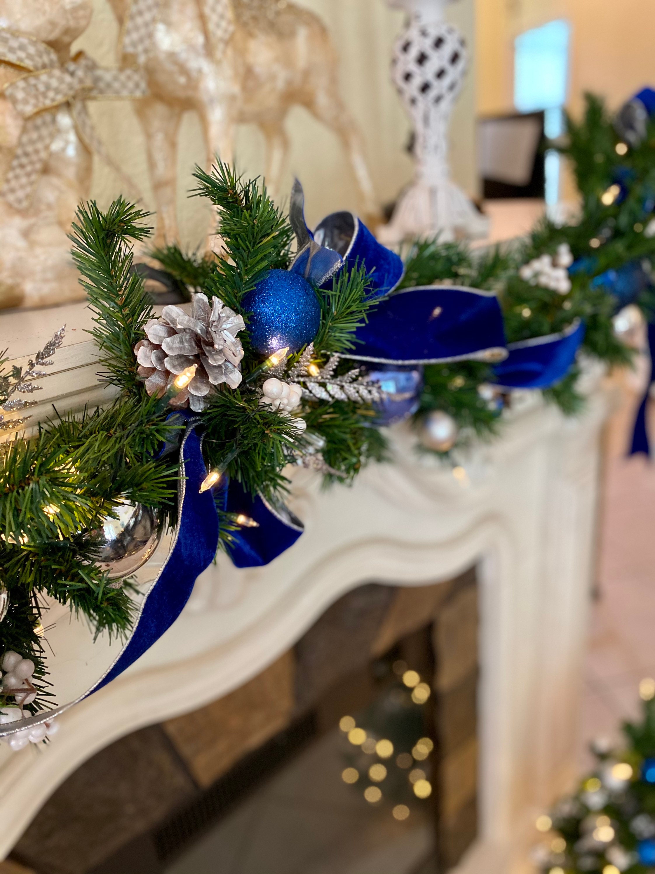 Christmas Garland. Blue Velvet Ribbon with silver trimmings/ Etsy
