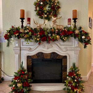 Signature Dark Red Peony Christmas Decor, 4PC Set. Silk Luxury Wine Red Peonies Mix , Wreath, Garland, 2 Trees, Cordless, Pre-lit,