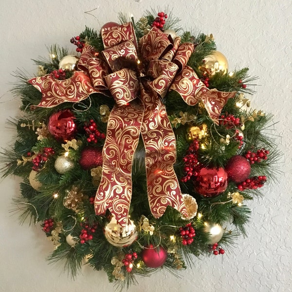 Christmas Wreath, Burgundy and Gold Scroll, FREE SHIPPING,  Artificial, LED light with  Timer,