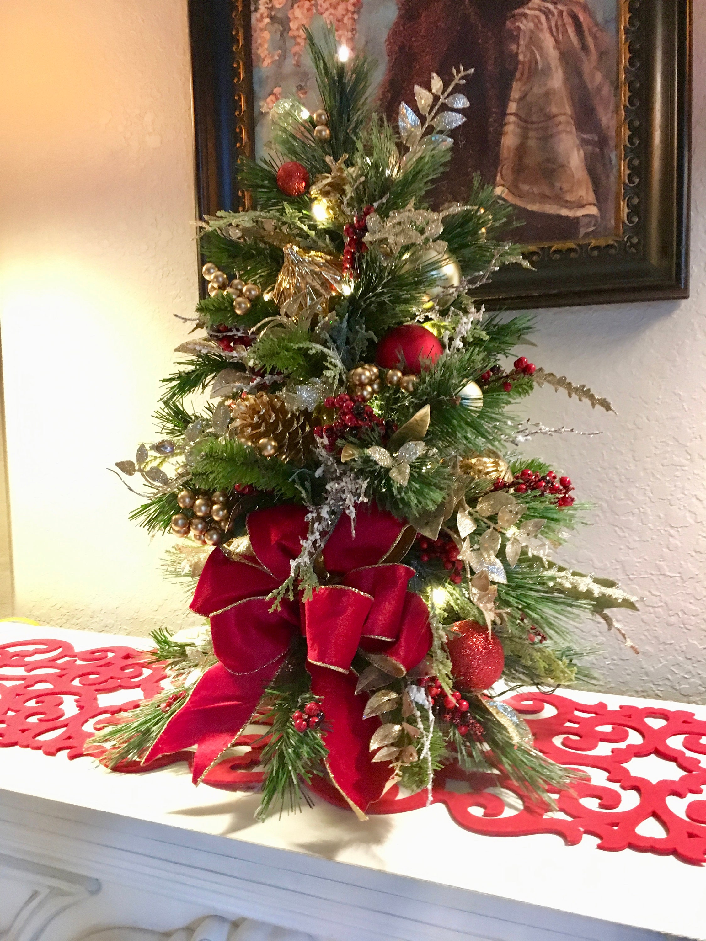 Grand  25"  Christmas Silk Topiary with Red Velvet Ribbon. FREE SHIPPING  48 ct LED cordless Pre-Light #25TREEREDVELVET