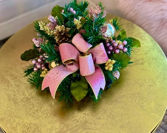 Small Lighted Christmas Centerpiece, Pink Velvet Ribbon with Gold Accents, Elegant Holiday Arrangement with Bow, Luxury Holiday Décor