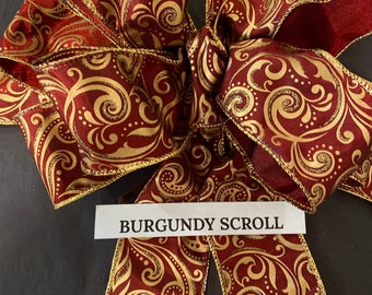 Velvet Christmas Bow, Burgundy Gold Scroll, Wire Edge Ribbon