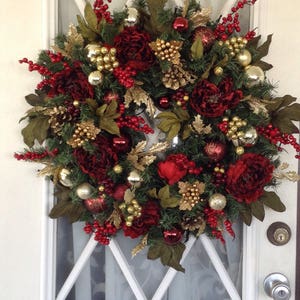 Christmas Wreath, Red Peony Artificial Wreath, 24 inch and up, LED cordless light. Free Shippings.